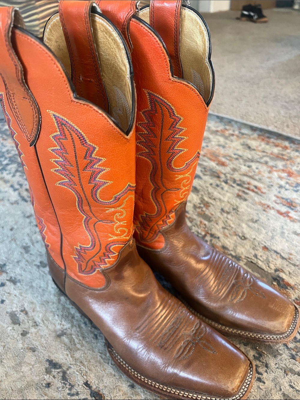 Justin Boots Orange and Brown Leather Western Heeled Boots